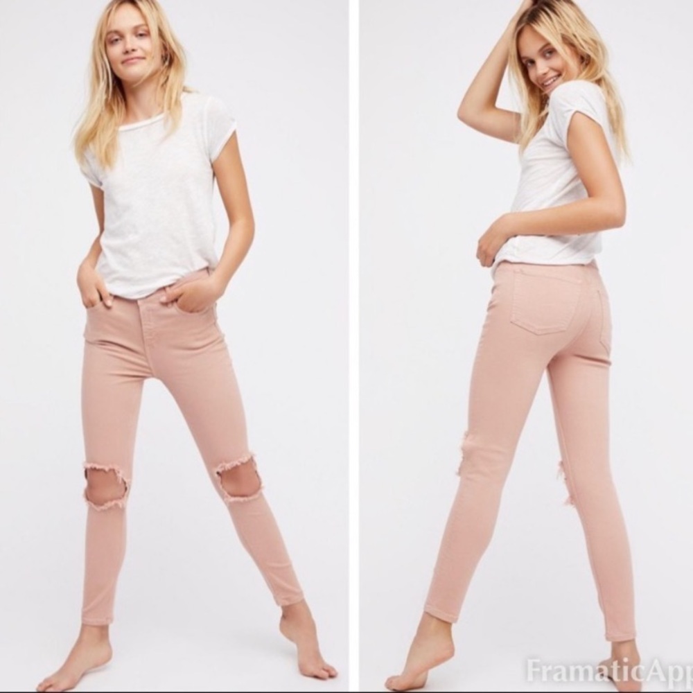 Free People Busted Knee Dusty Rose/Blush Hi-Rise Jeans Sz 30 w MEASUREMENTS! - Picture 7 of 12